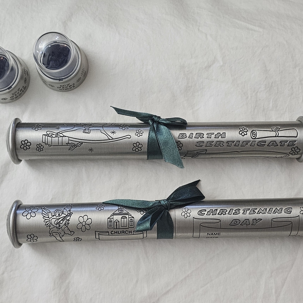 Silver Birth and Christening Certificate Holders with My First Tooth and Curl